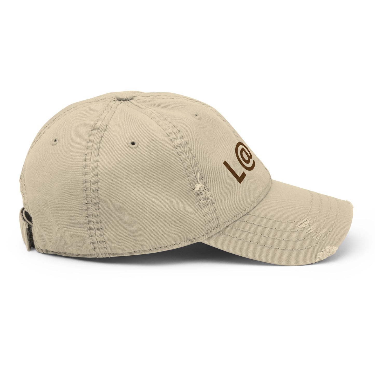Lightweight distressed dad hat with frayed edges and adjustable strap in cotton twill