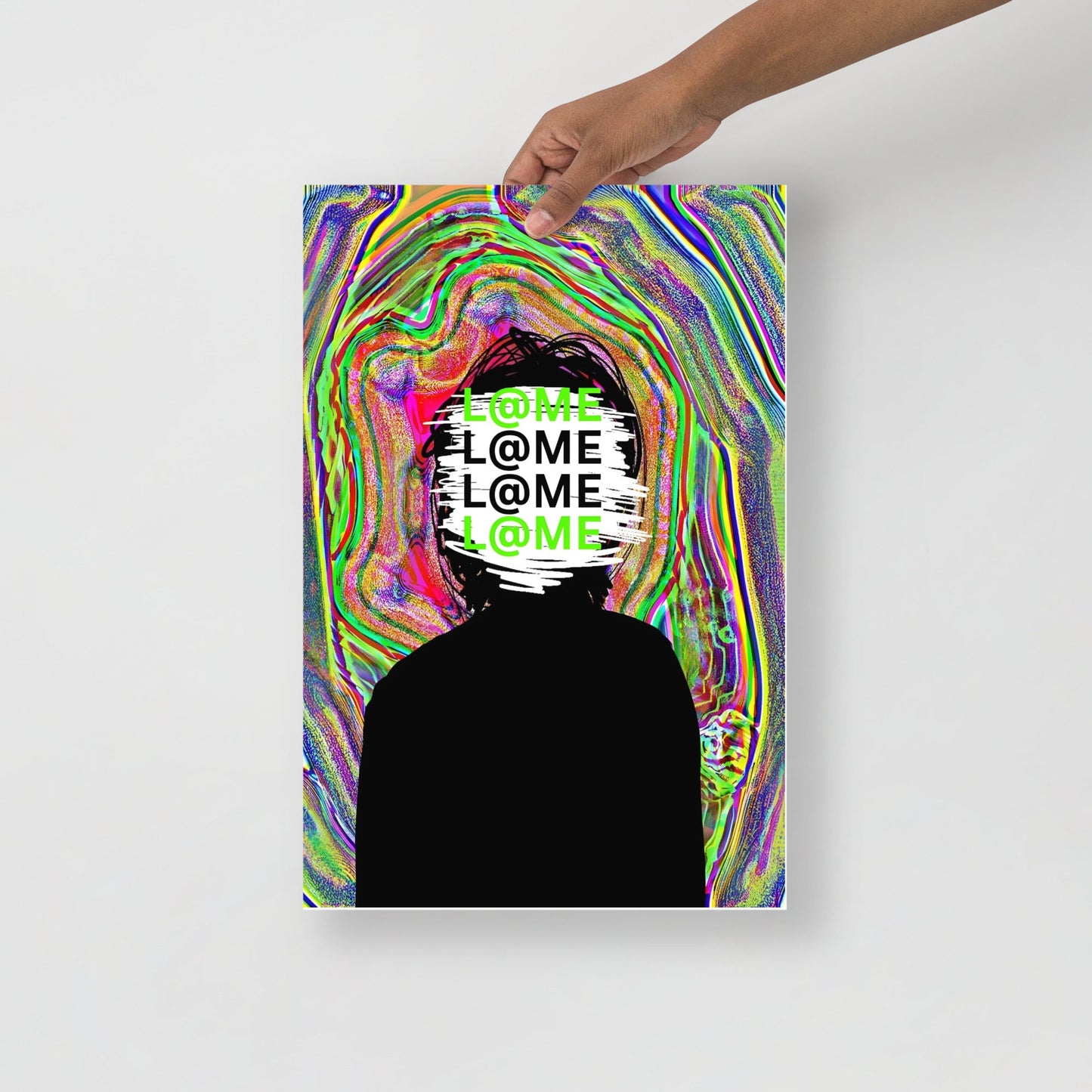 Matte art poster featuring a black silhouette on a colorful, trippy background.