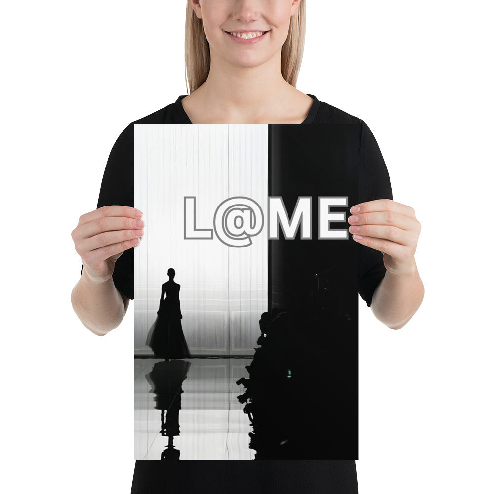 Black-and-white poster of a poised figure on a fashion runway with dramatic lighting.