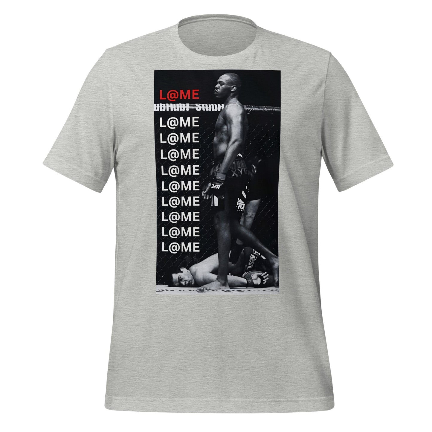 Black and white L@ME graphic tee with bold logo and repeated text design on front
