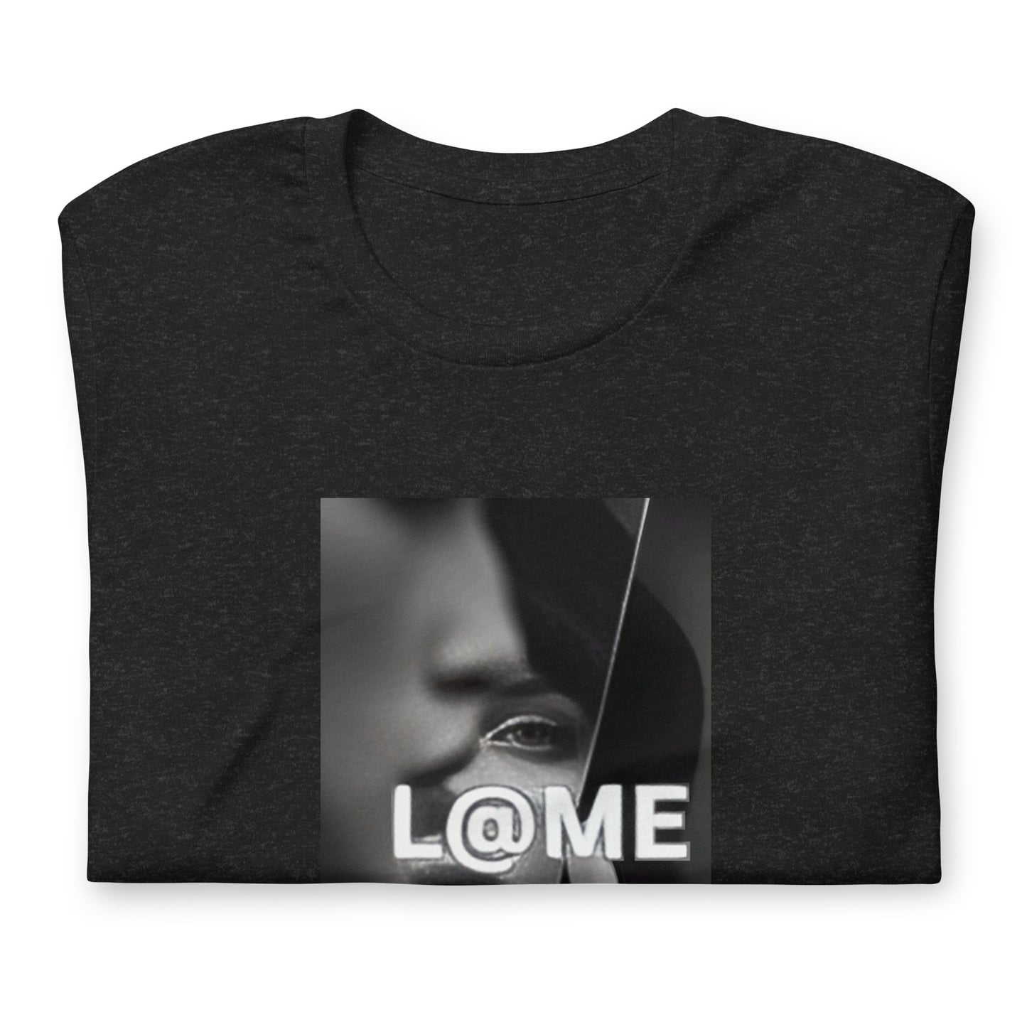 Black graphic t-shirt featuring a shattered monochrome portrait and bold L@ME logo.