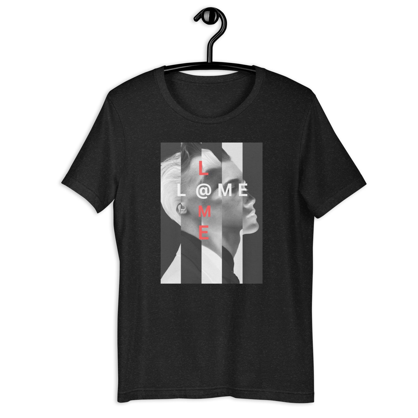 Black and white tee with bold white stripes and red text accents on front
