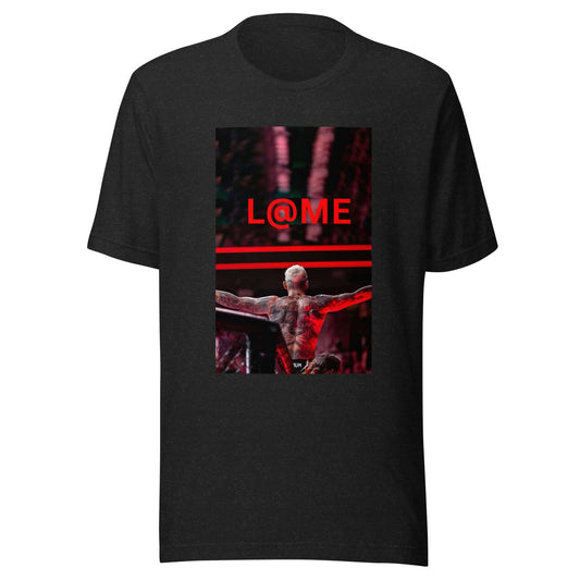 Red and black L@ME Victory Stance graphic tee with arms raised design on front