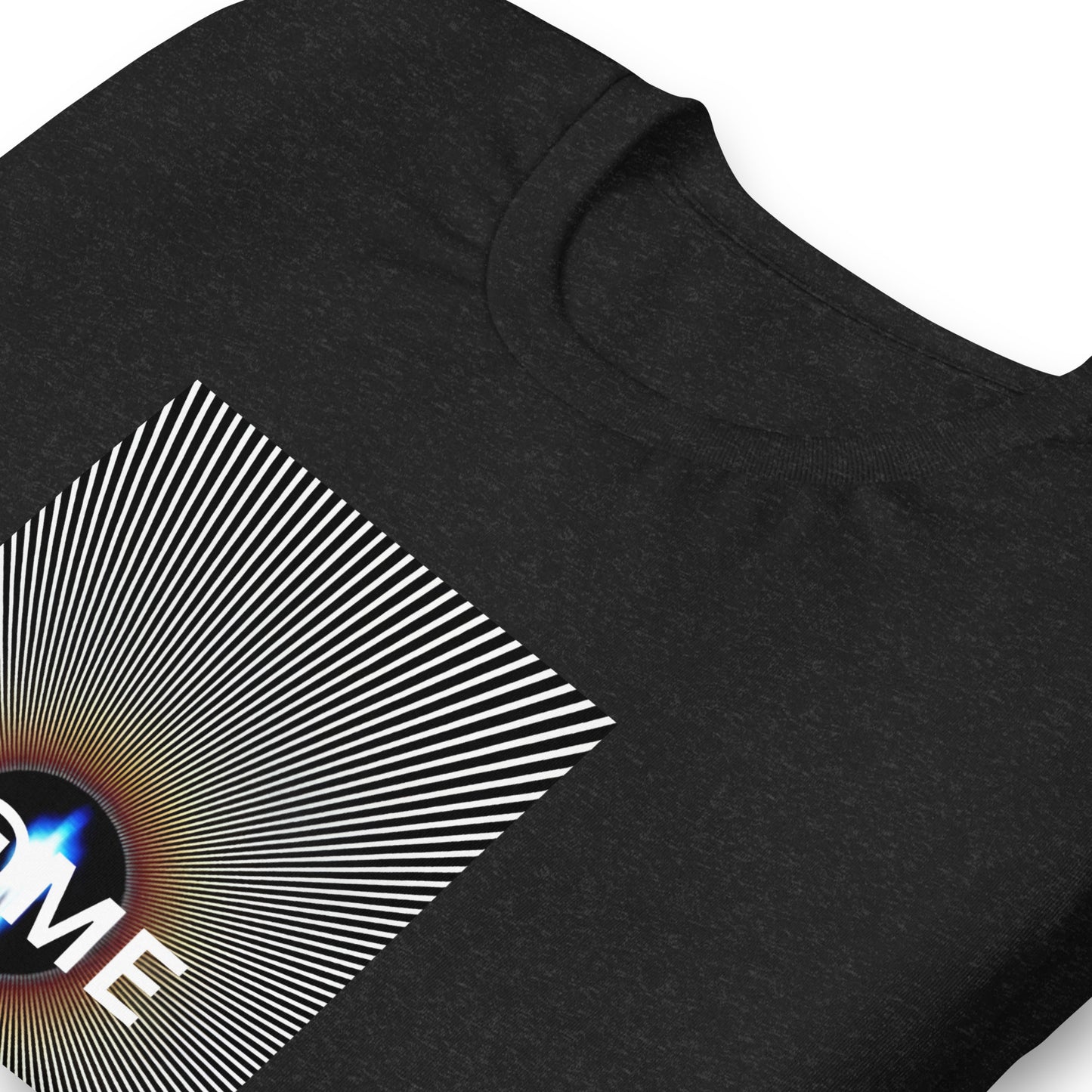 Black-and-white graphic t-shirt with an optical illusion and a central burst design.
