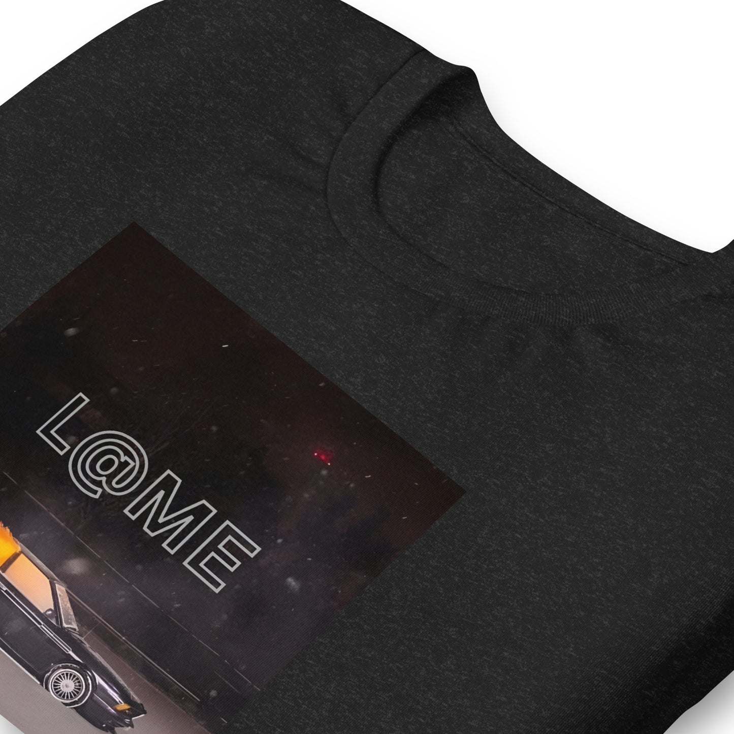 Black graphic t-shirt featuring a retro car design under neon skies and the L@ME logo.