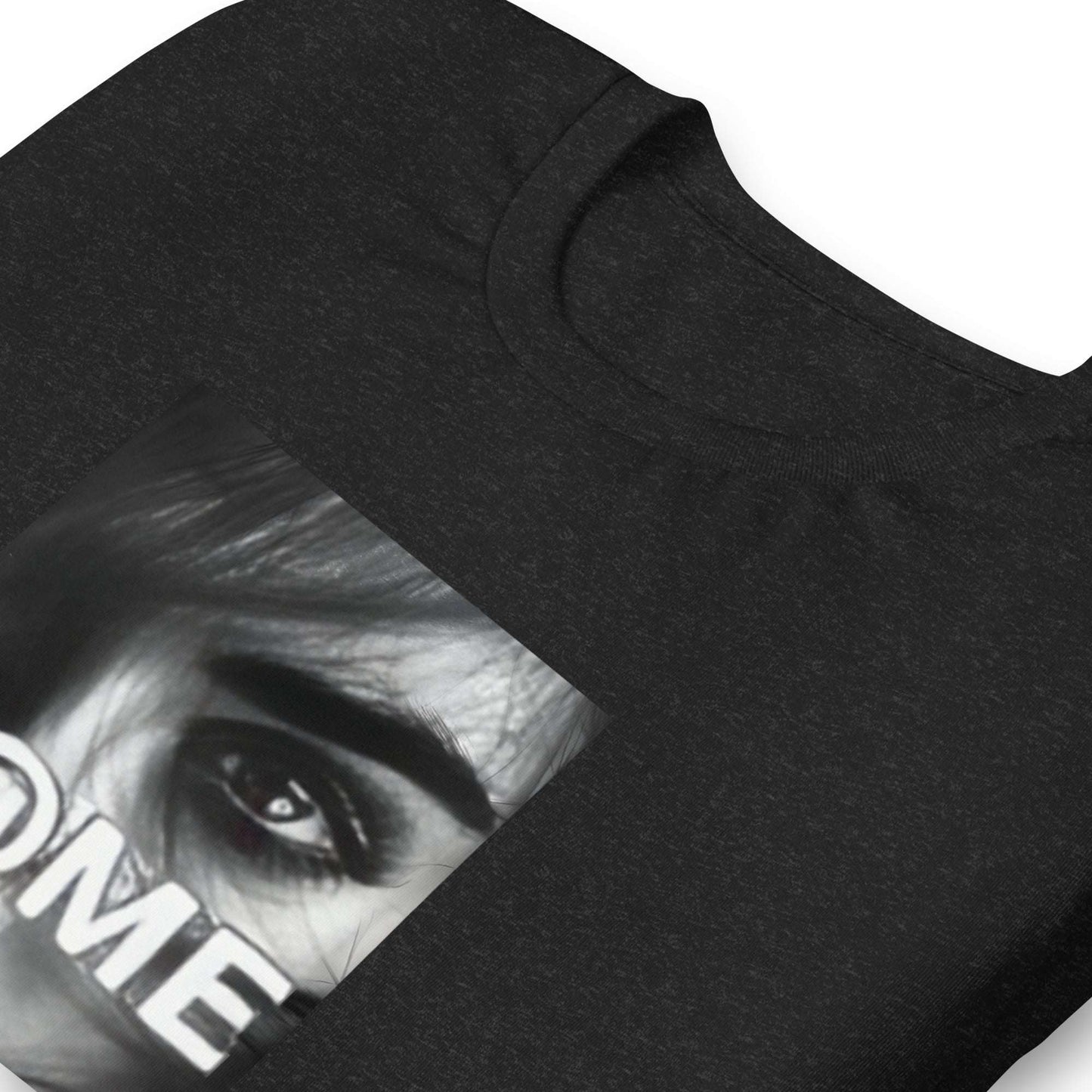 Black t-shirt featuring a grayscale face design and the L@ME logo on the front.