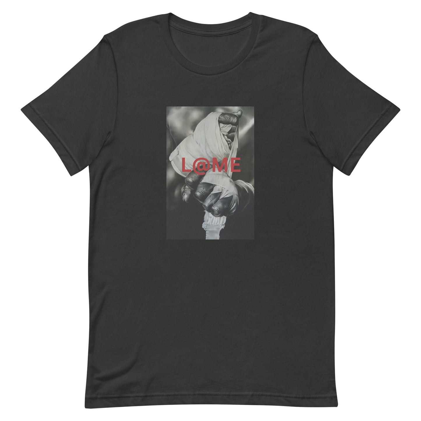 Close-up of a hand gripping tightly, with bold red L@ME print on a grayscale tee.