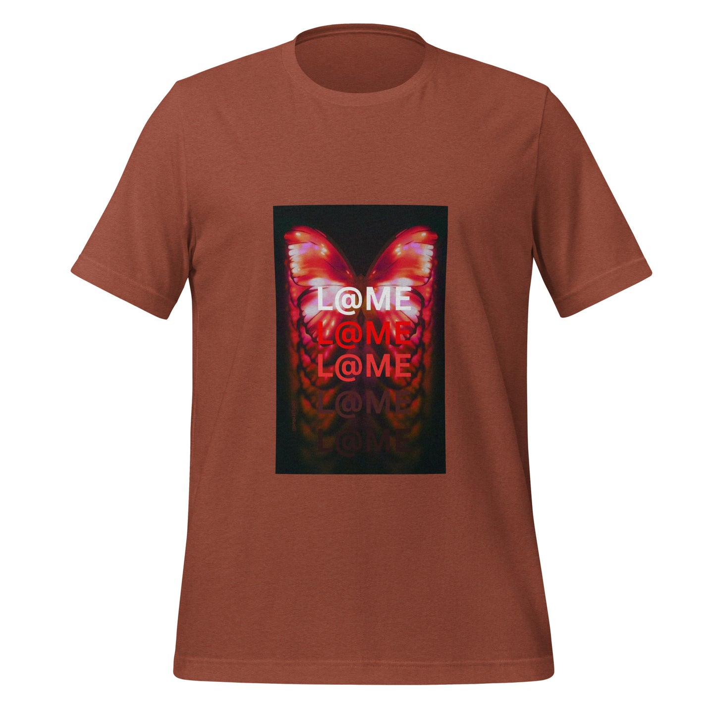 Unisex t-shirt featuring a vibrant neon butterfly graphic in reds and oranges.