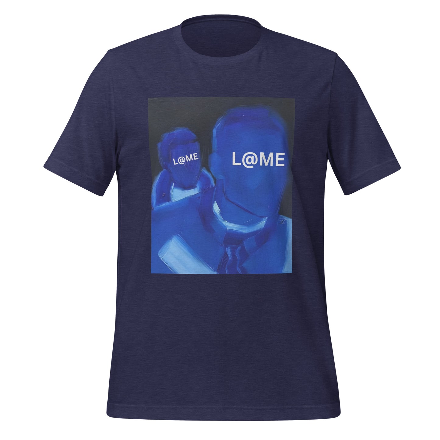 Midnight blue unisex t-shirt with a deep-blue double-figure design and bold branding.