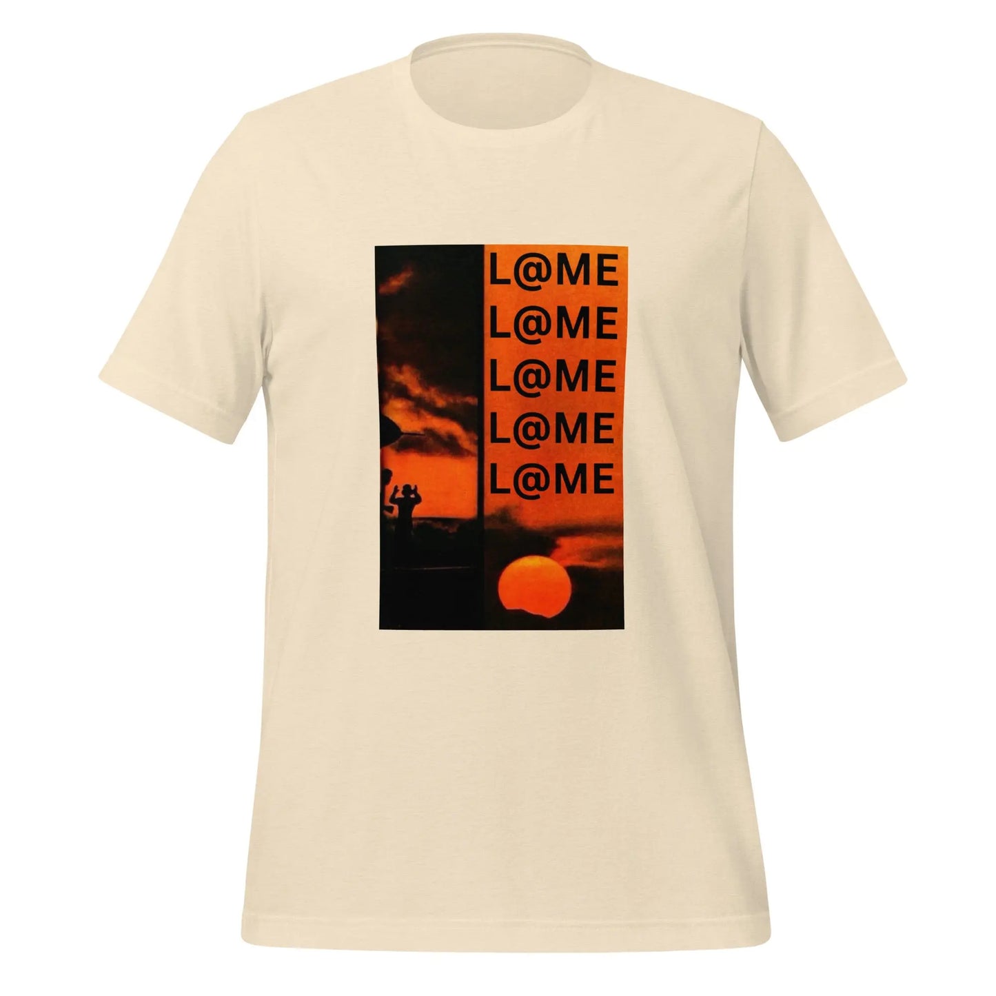 Burnt-orange unisex t-shirt featuring a bold stacked logo design.
