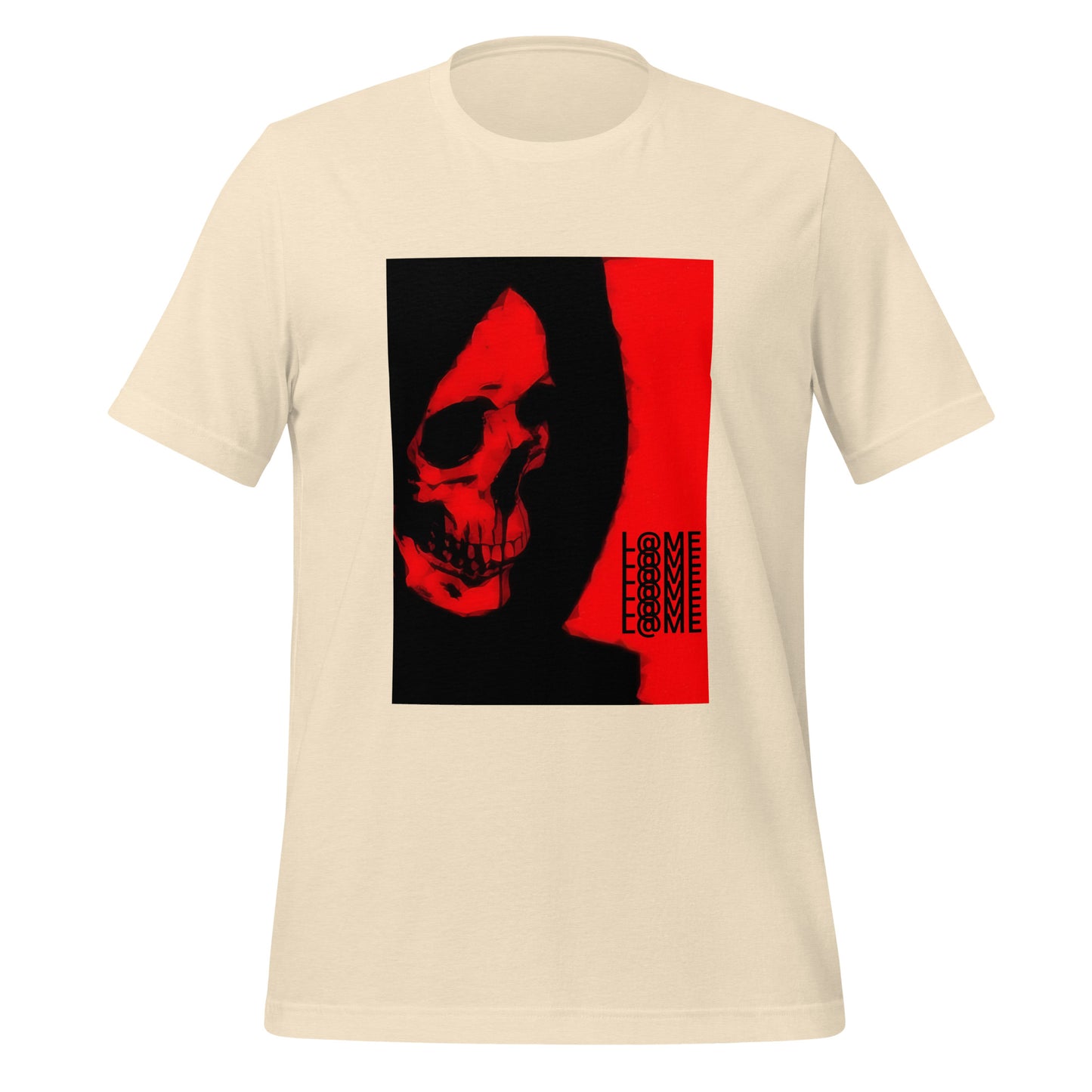 Red unisex t-shirt featuring a skull graphic and stacked L@ME typography design.
