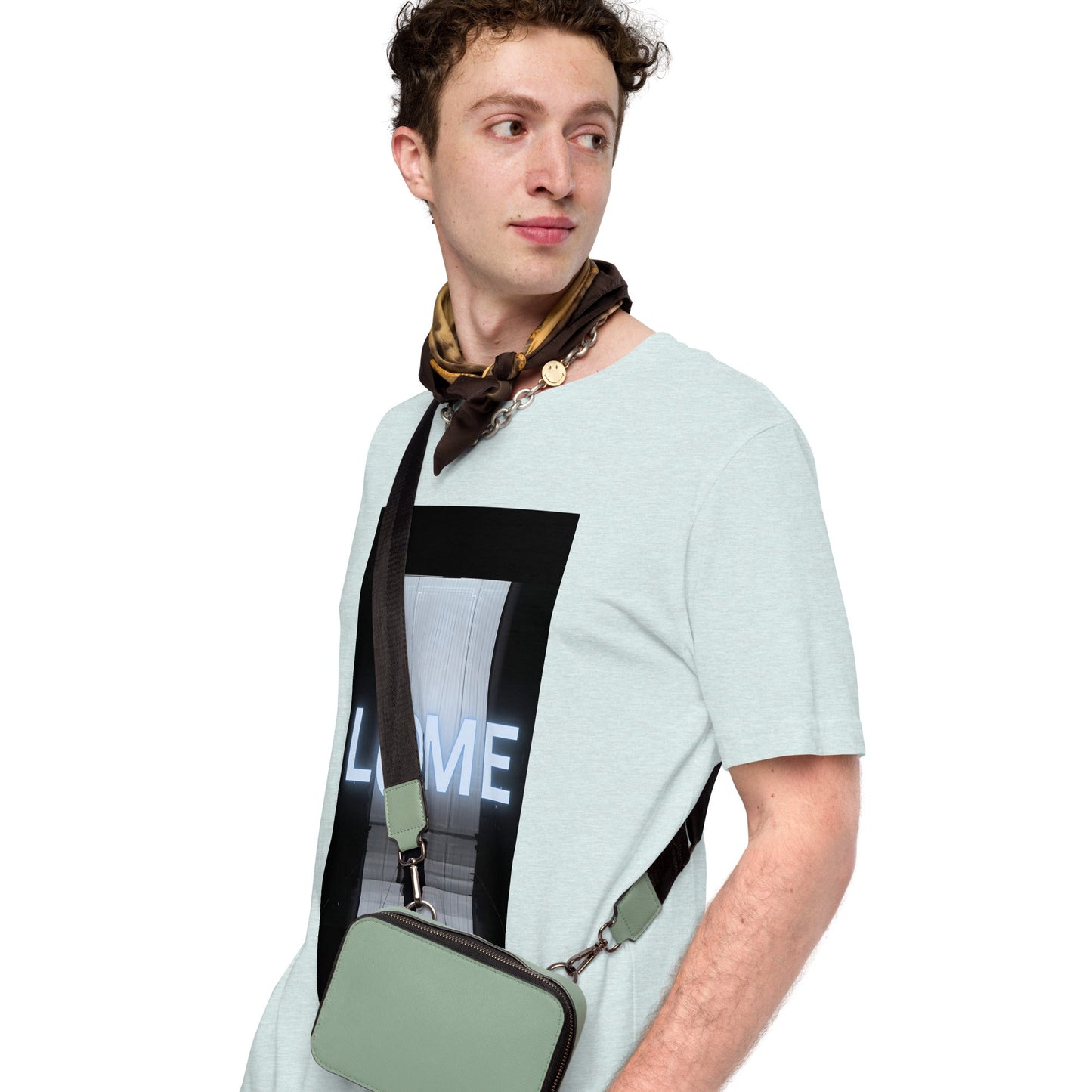 Black t-shirt with neon runway silhouette and glowing text graphic on front