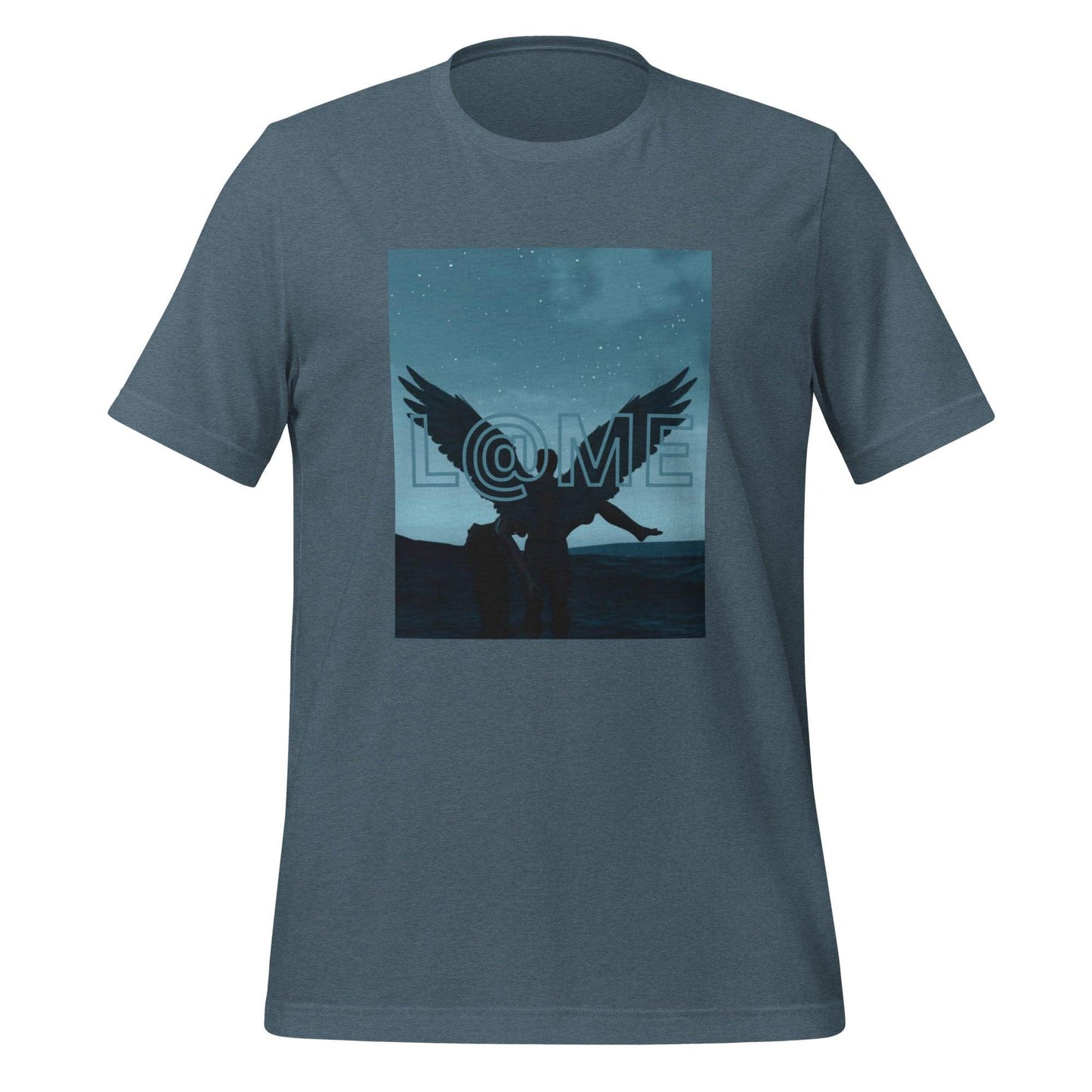 Unisex t-shirt featuring a silhouetted figure with wings against a starry blue night sky.