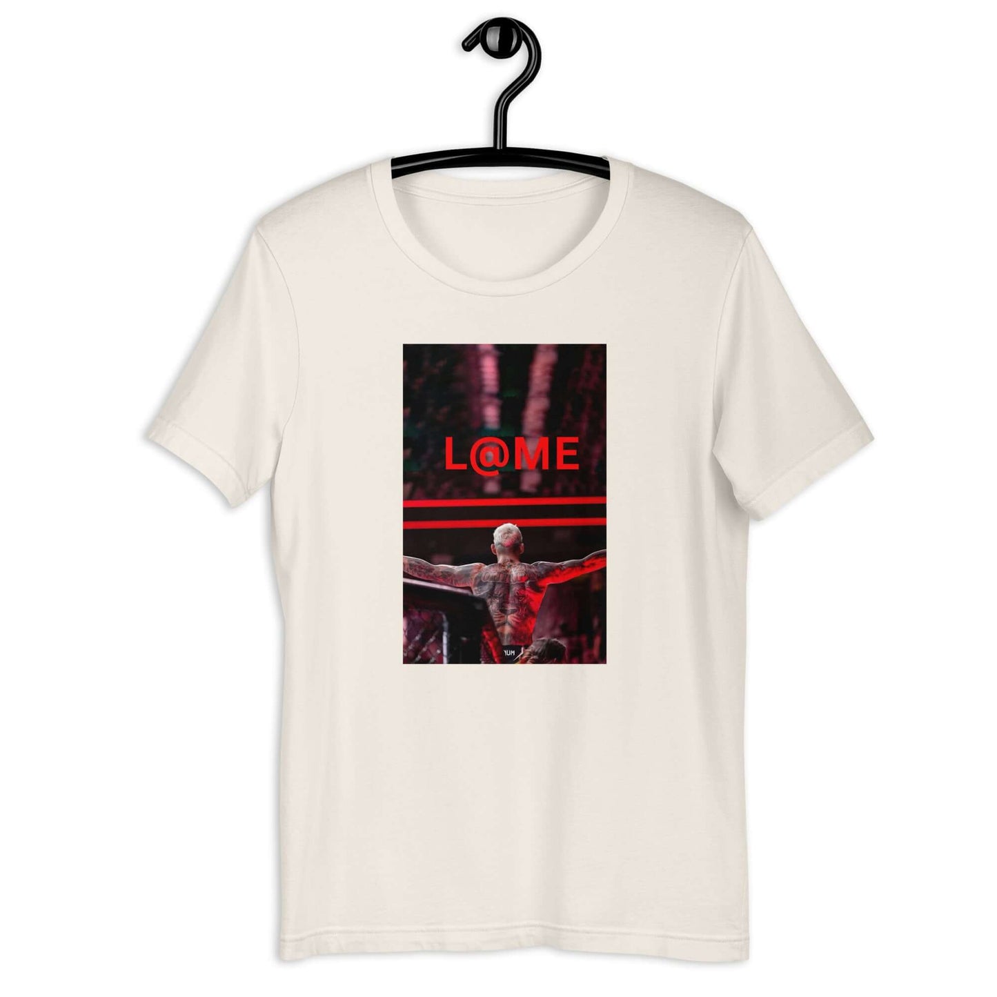 Red and black graphic tee featuring a triumphant design with raised arms.