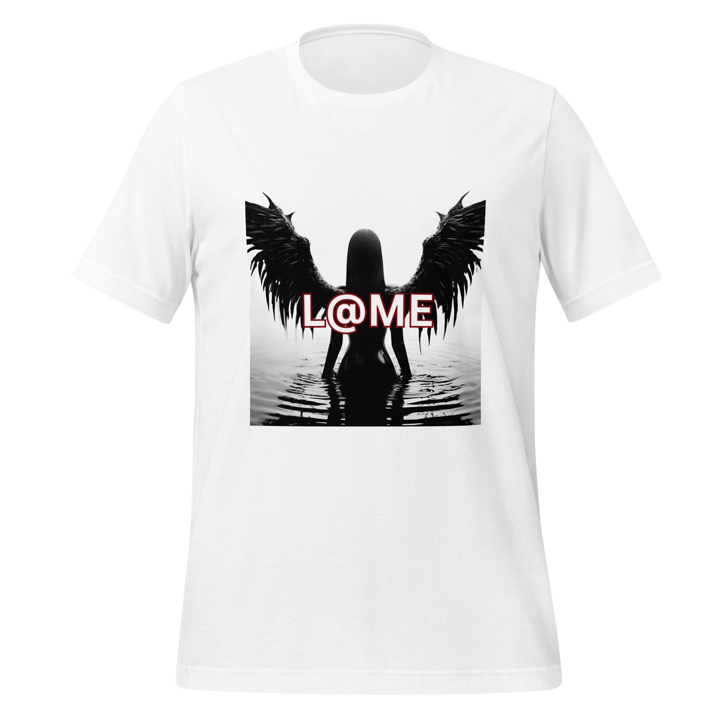 Black tee featuring reflective wings design and the word LAME in bold lettering.