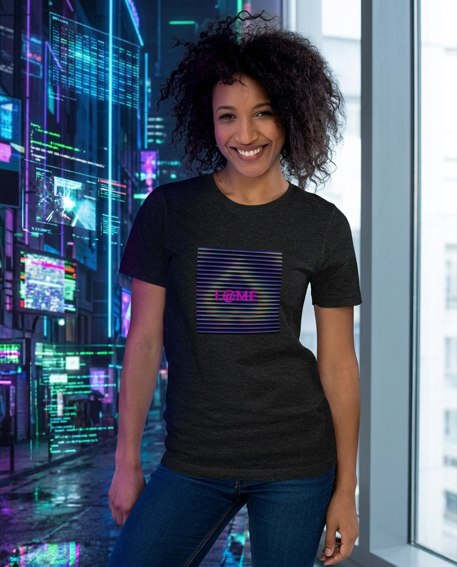 L@ME Cyber Glitch Art graphic tee lifestyle shot, female model