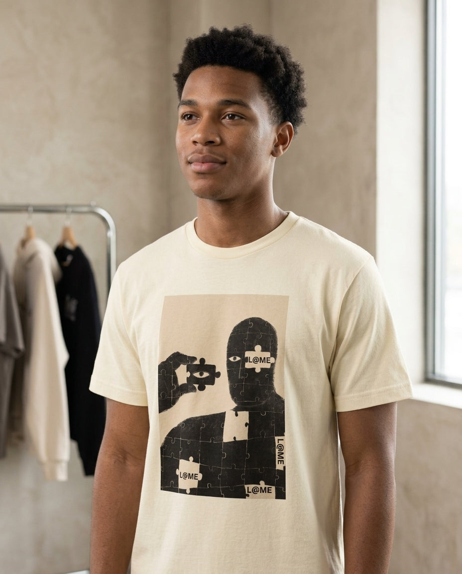 L@ME Puzzle Piece Man graphic tee lifestyle shot, male model