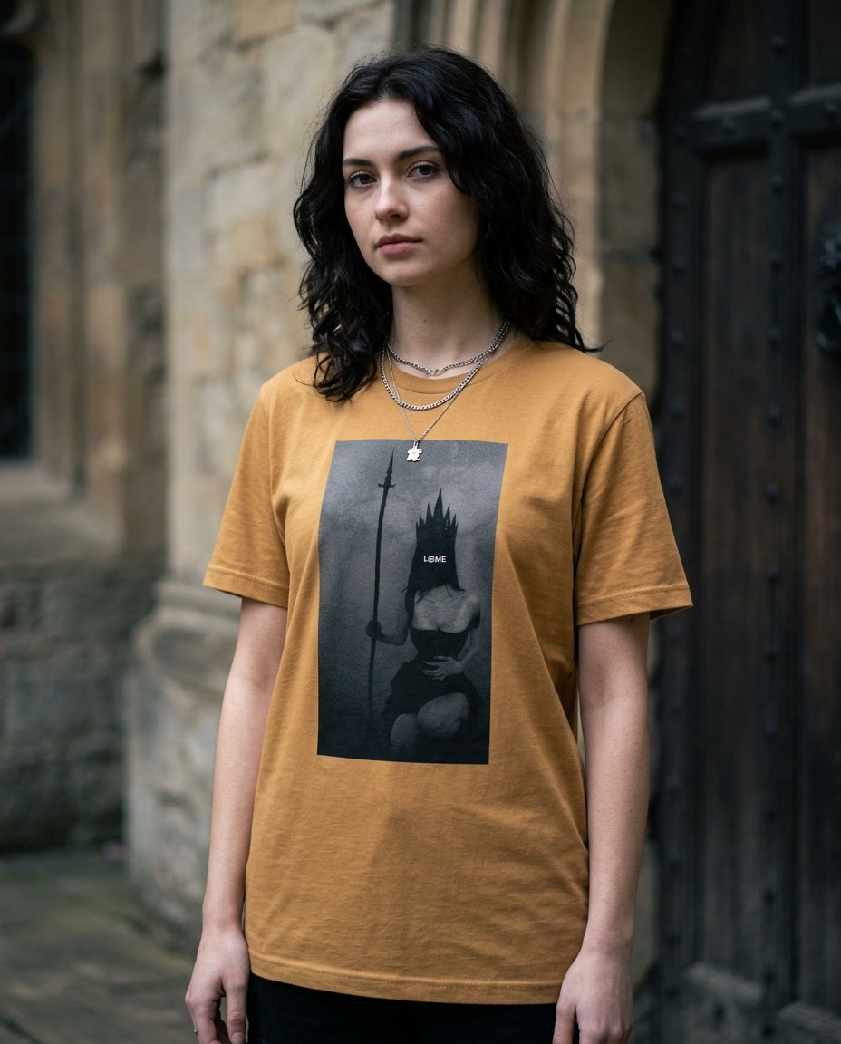L@ME Fantasy Queen Warrior graphic tee lifestyle shot, female model