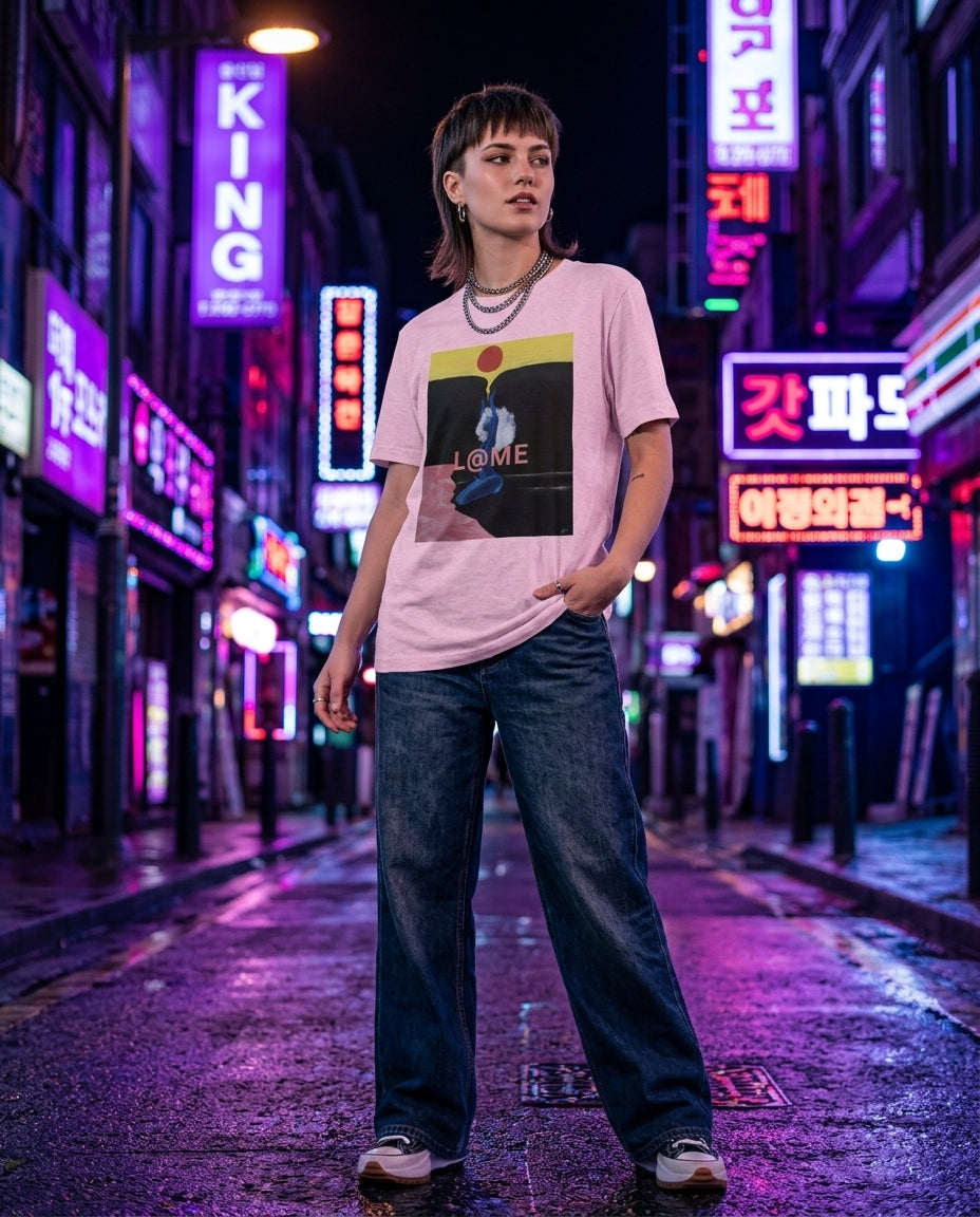 L@ME Neon Hands Glow graphic tee lifestyle shot, female model