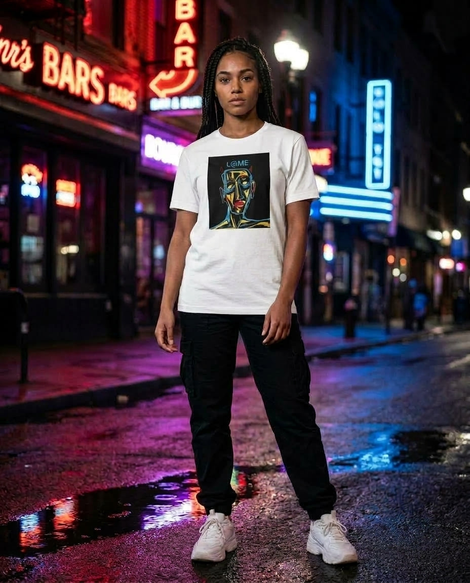 L@ME Neon Devil Abstract graphic tee lifestyle shot, female model