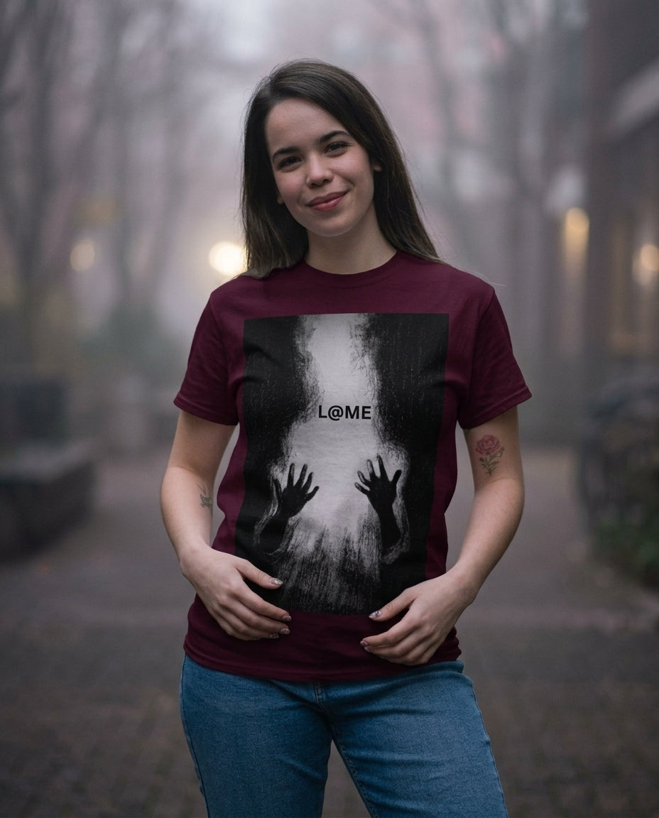 L@ME Abstract Ghost Figure graphic tee lifestyle shot, female model