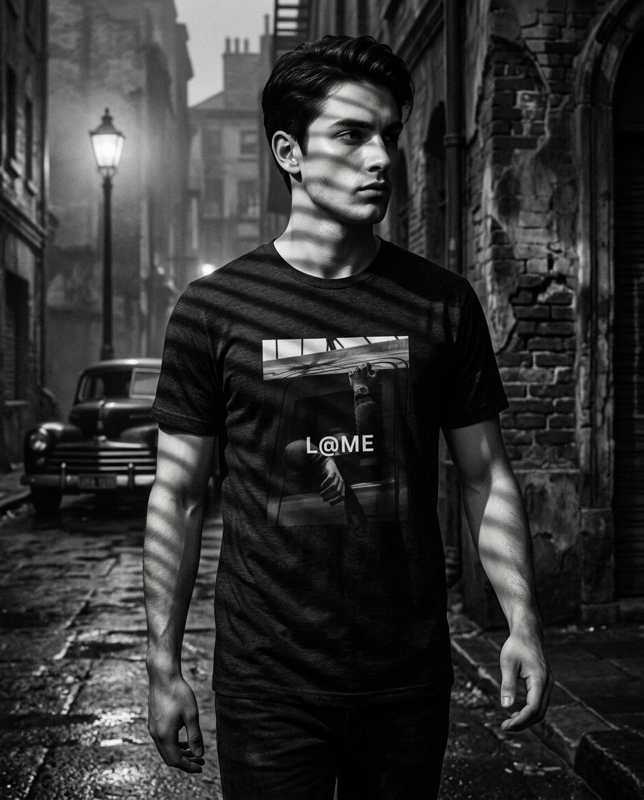 L@ME Noir Aesthetic Vintage graphic tee lifestyle shot, male model