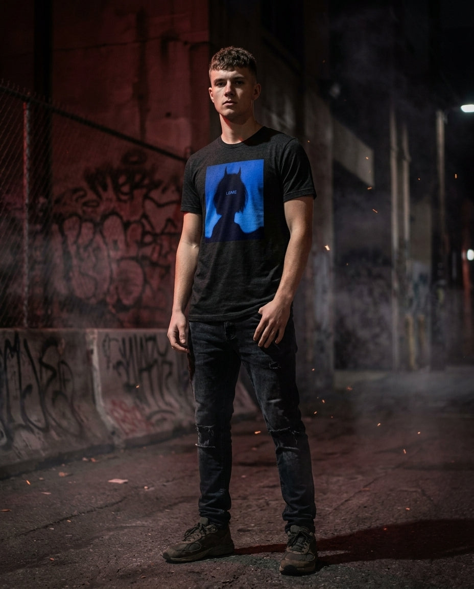 L@ME Devil Horns Silhouette graphic tee lifestyle shot, male model