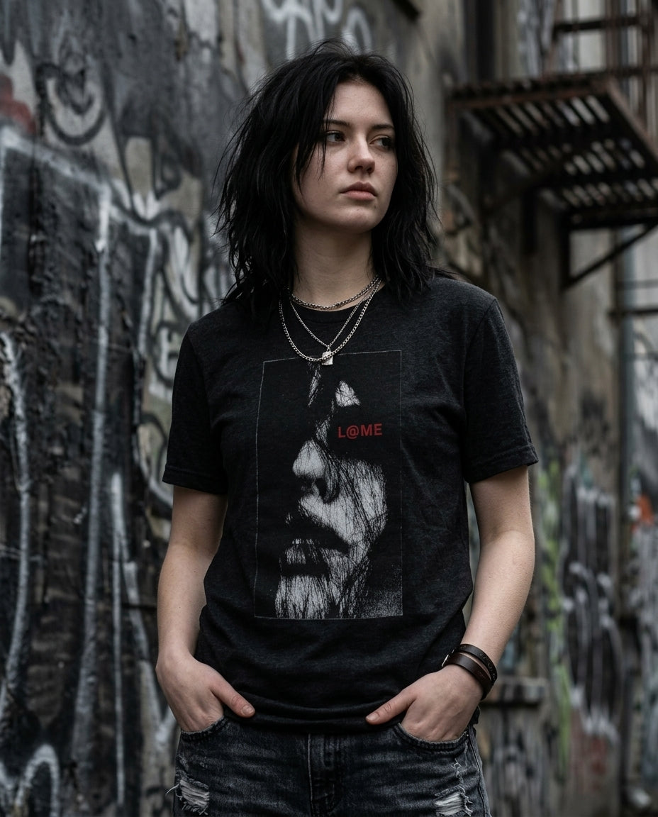 L@ME Gothic Art Distressed graphic tee lifestyle shot, female model