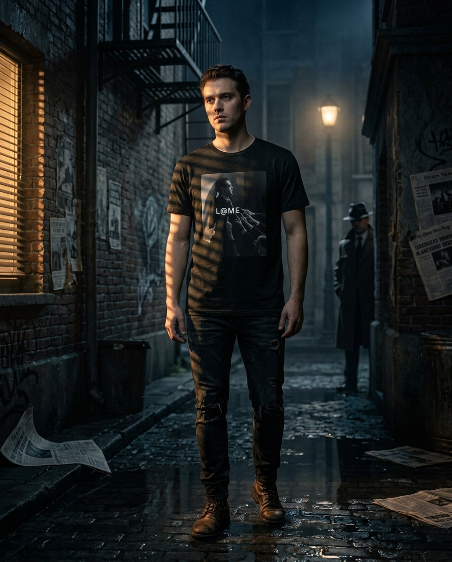 L@ME Accused Noir Mystery graphic tee lifestyle shot, male model