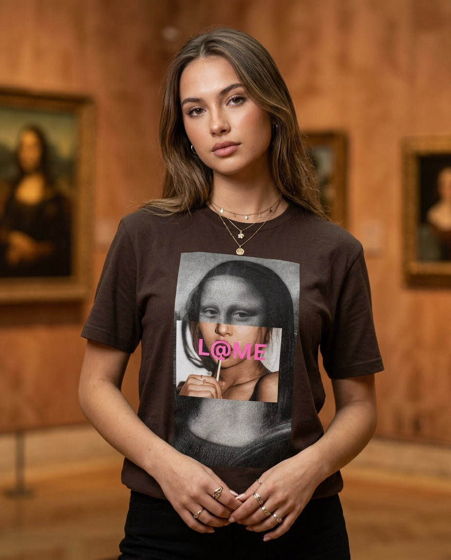 L@ME Distorted Mona Lisa graphic tee lifestyle shot, female model