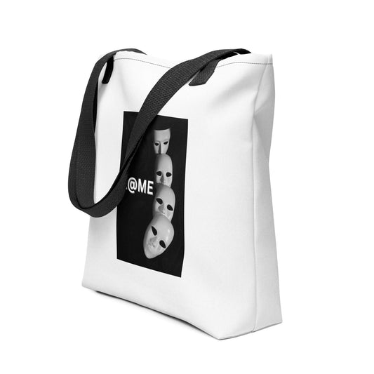 A spacious tote bag with a falling masks design and dual cotton handles.