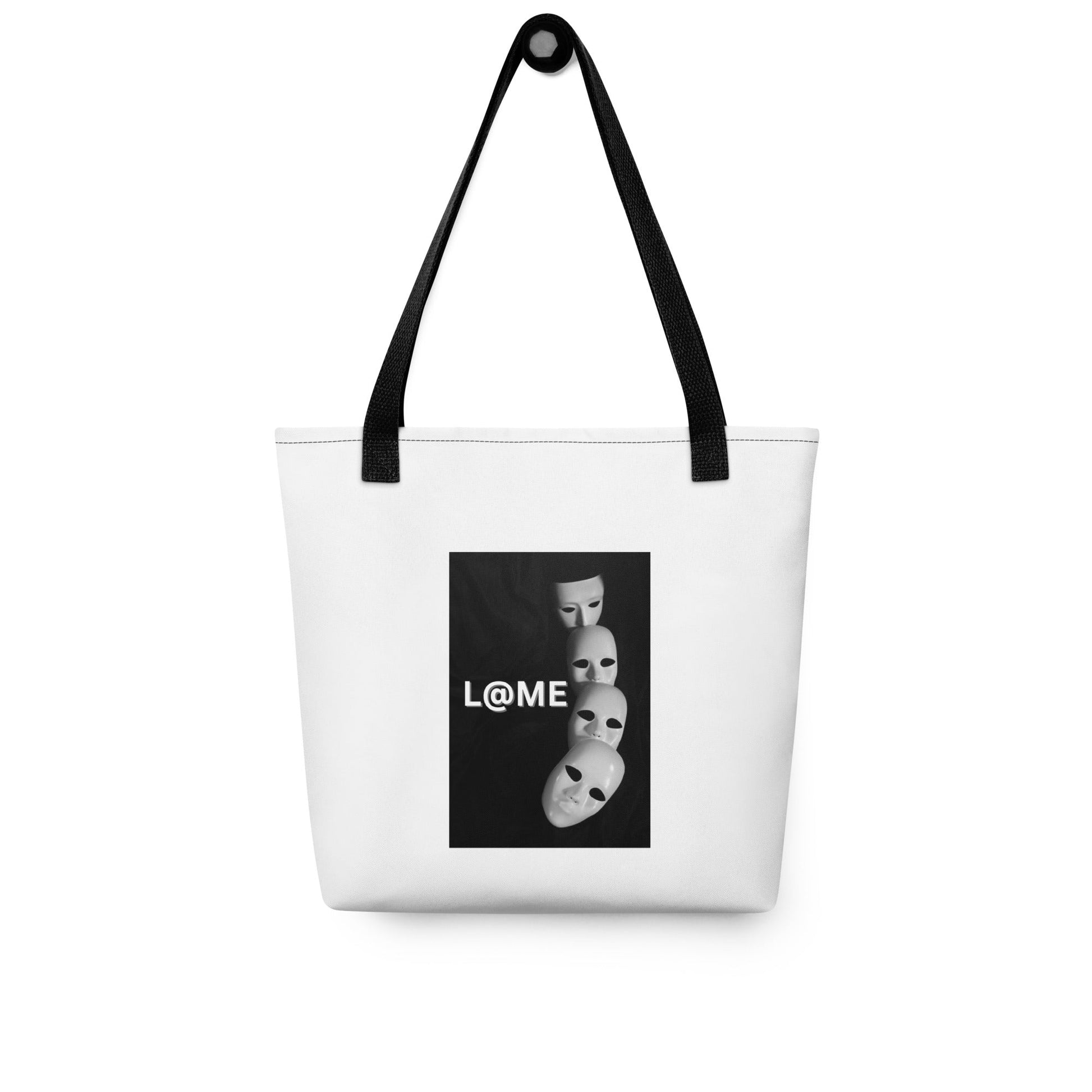 L@ME tote bag with falling masks print, 15x15 inches, cotton handles, polyester material