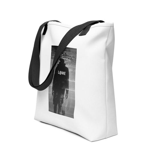 Square polyester tote bag with bold L@ME graphic and cotton denim handles