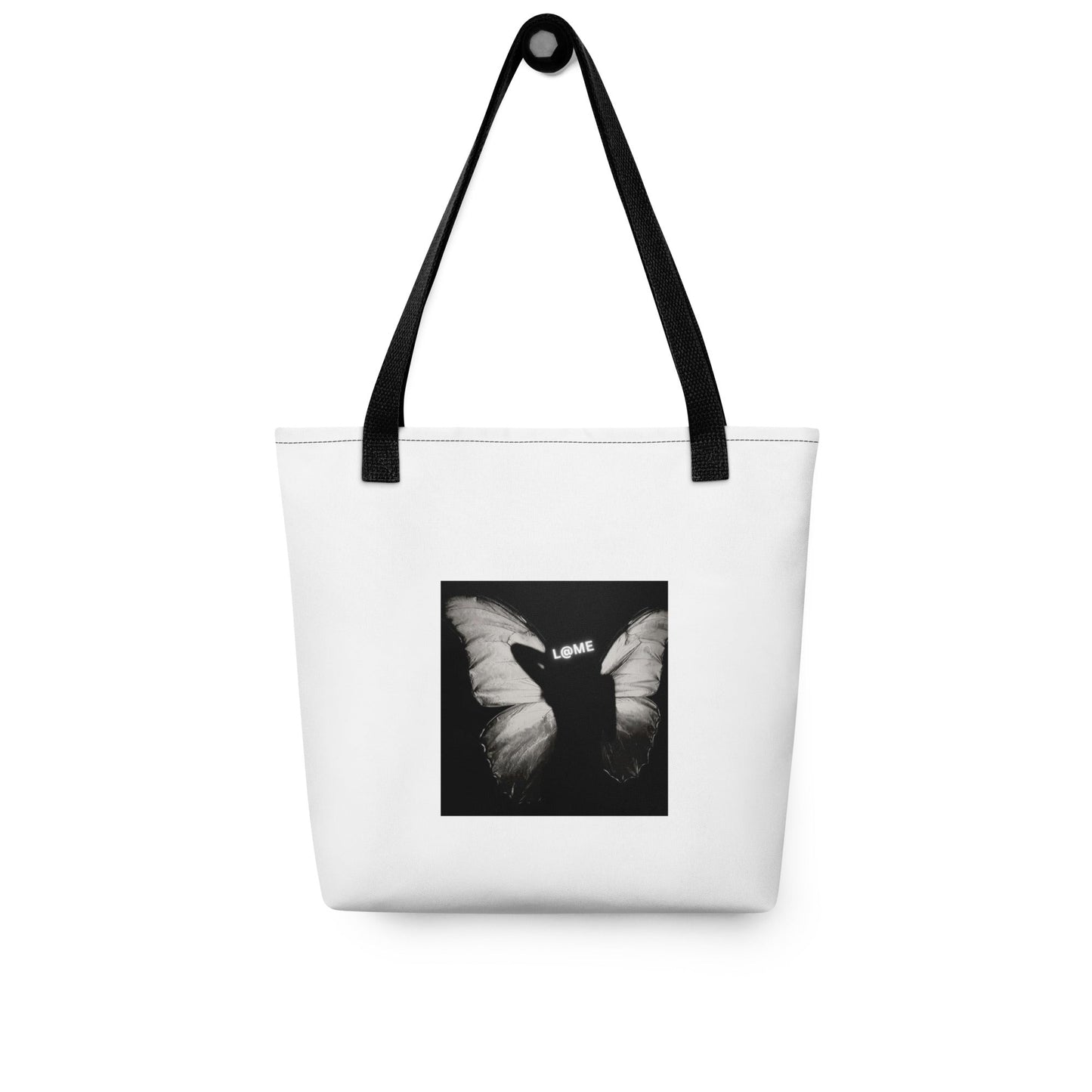 Durable tote bag with butterfly print and dual cotton handles, measuring 15 inches square.