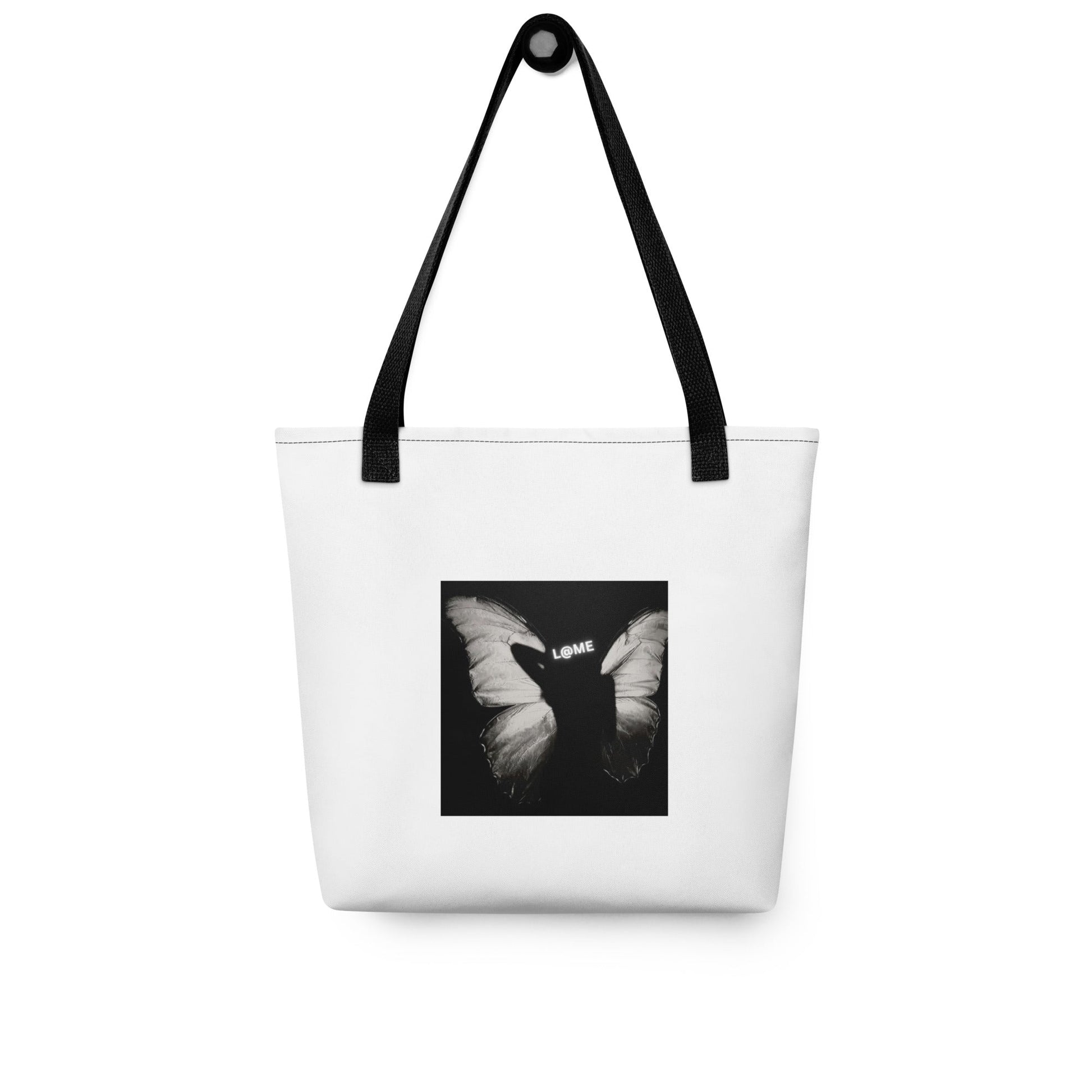 Durable tote bag with butterfly print and dual cotton handles, measuring 15 inches square.