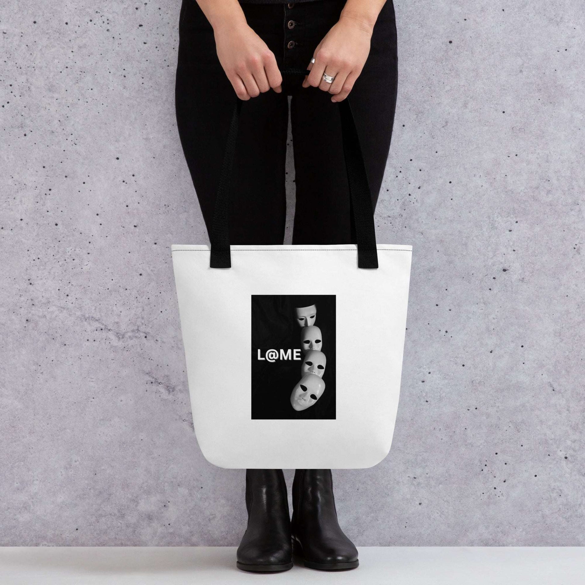 A spacious tote bag with falling mask designs and dual cotton handles for easy carrying.