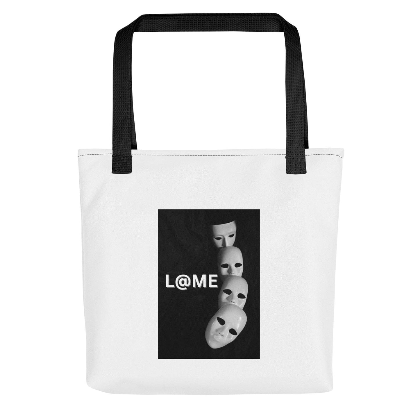 A spacious tote bag with a falling masks design and dual cotton handles.