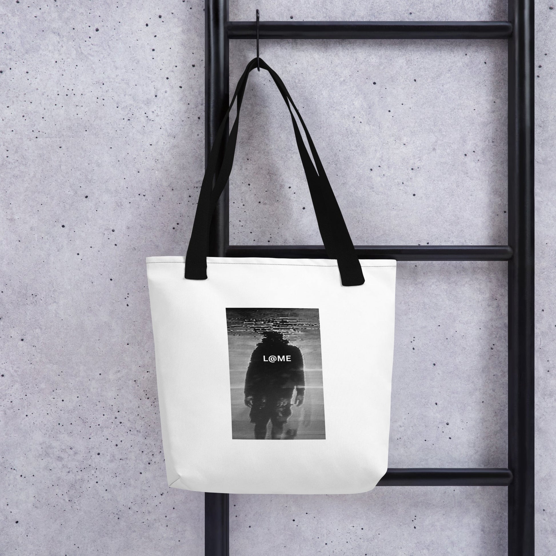 Durable tote bag with a bold L@ME graphic, featuring dual cotton handles for easy carrying.