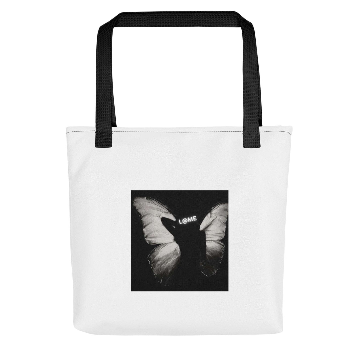 Durable 15x15 inch polyester tote bag with butterfly print and dual cotton handles.