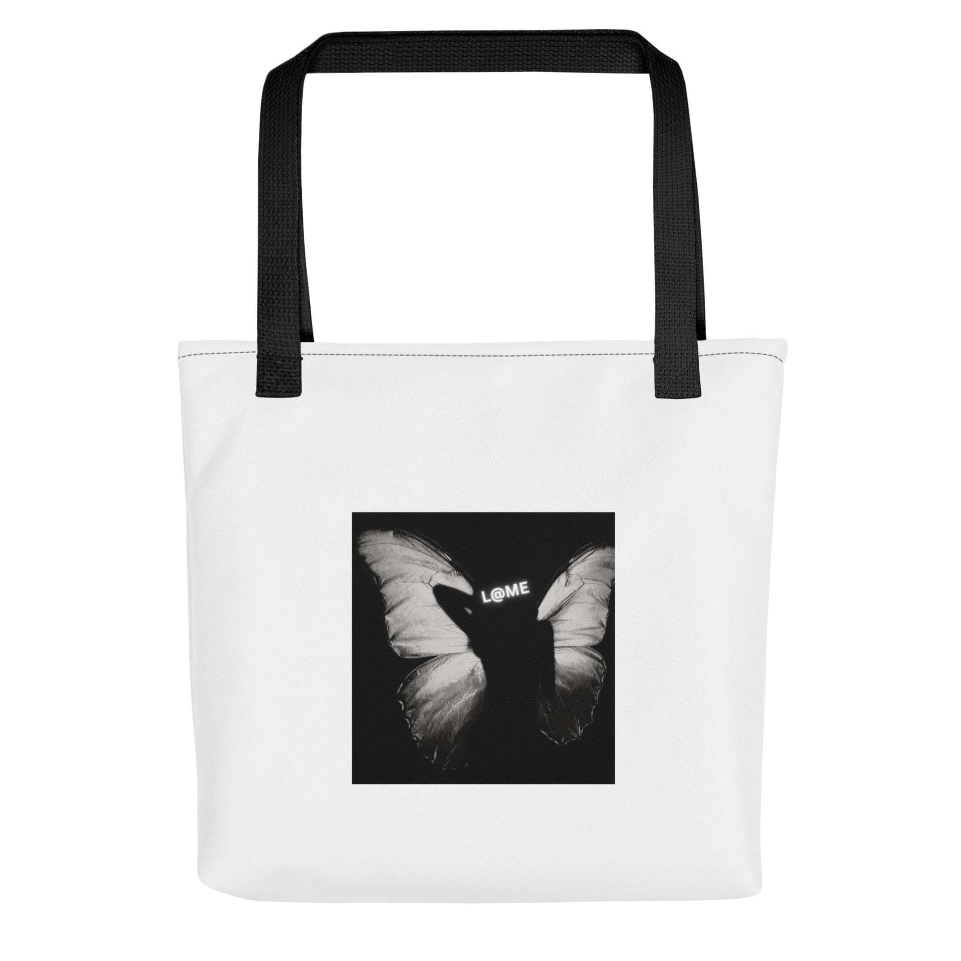 Durable 15x15 inch polyester tote bag with butterfly print and dual cotton handles.