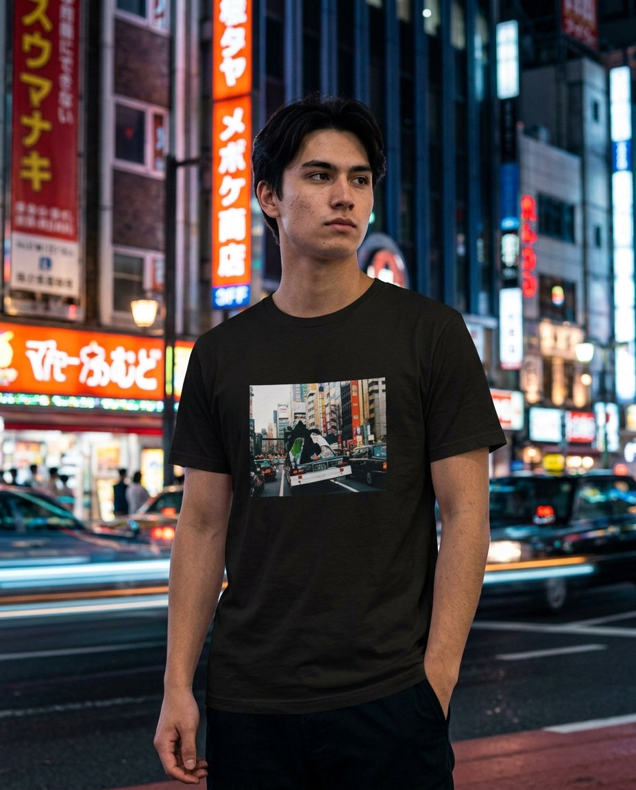 L@ME Tokyo Street Style graphic tee lifestyle shot, male model