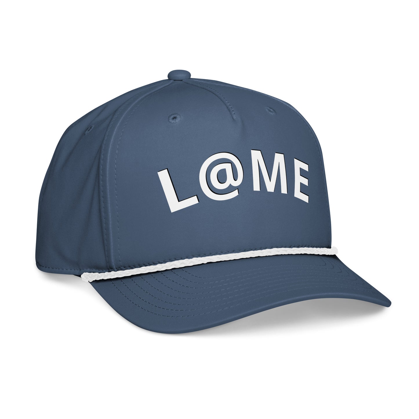 Midnight navy cap with braided rope detail and bold logo embroidery, adjustable snapback closure.