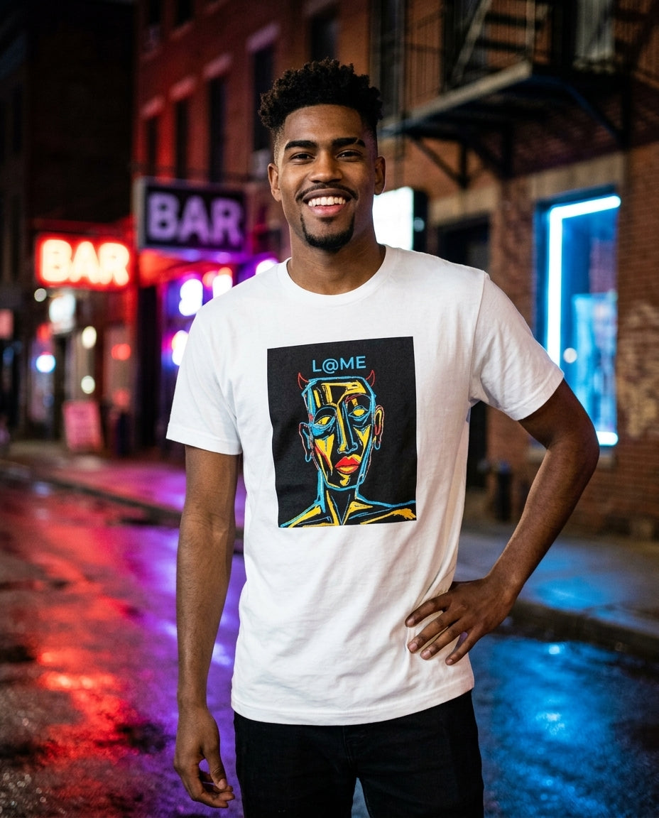L@ME Neon Devil Abstract graphic tee lifestyle shot, male model