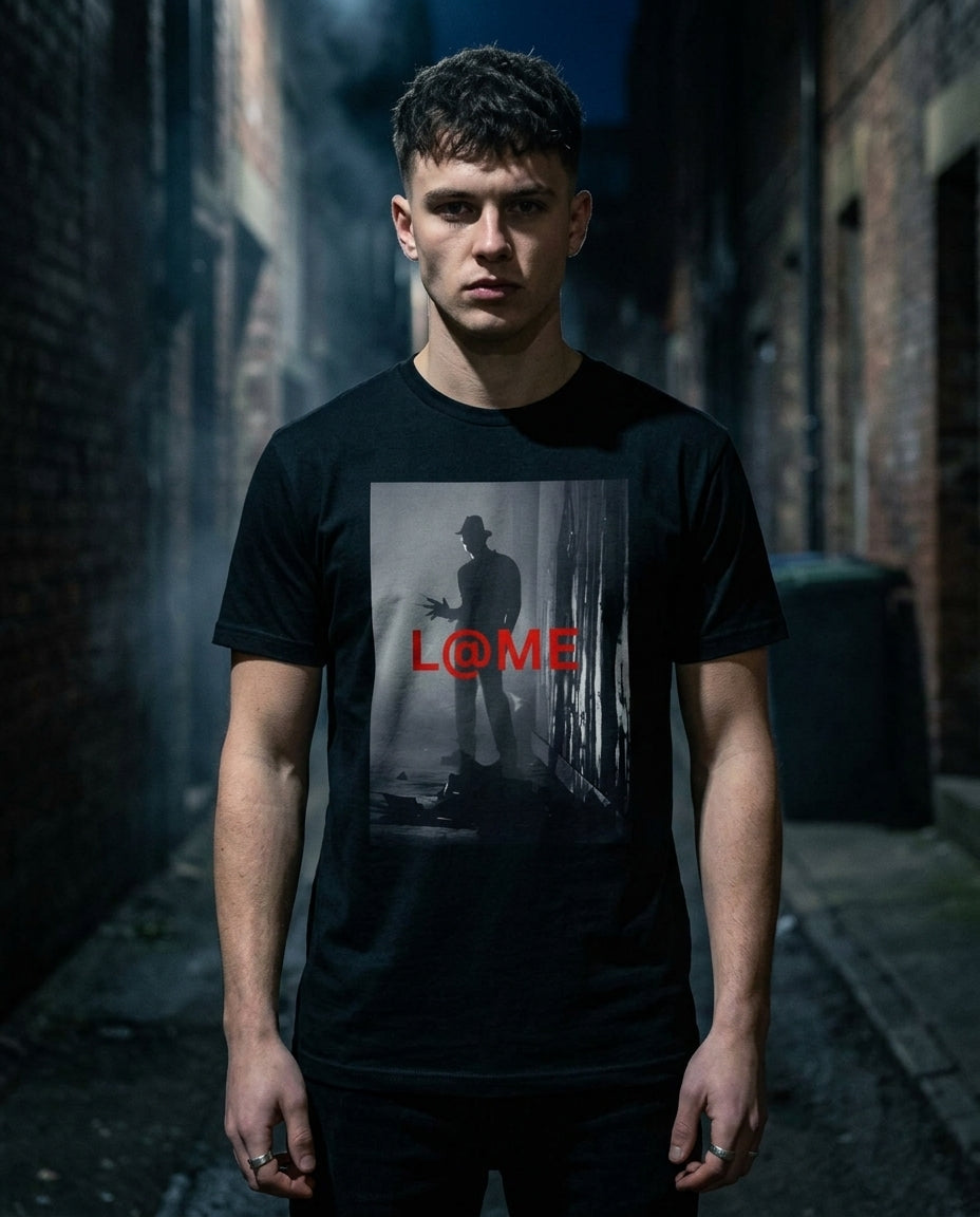 LME Shadow Fear graphic tee lifestyle shot, male model