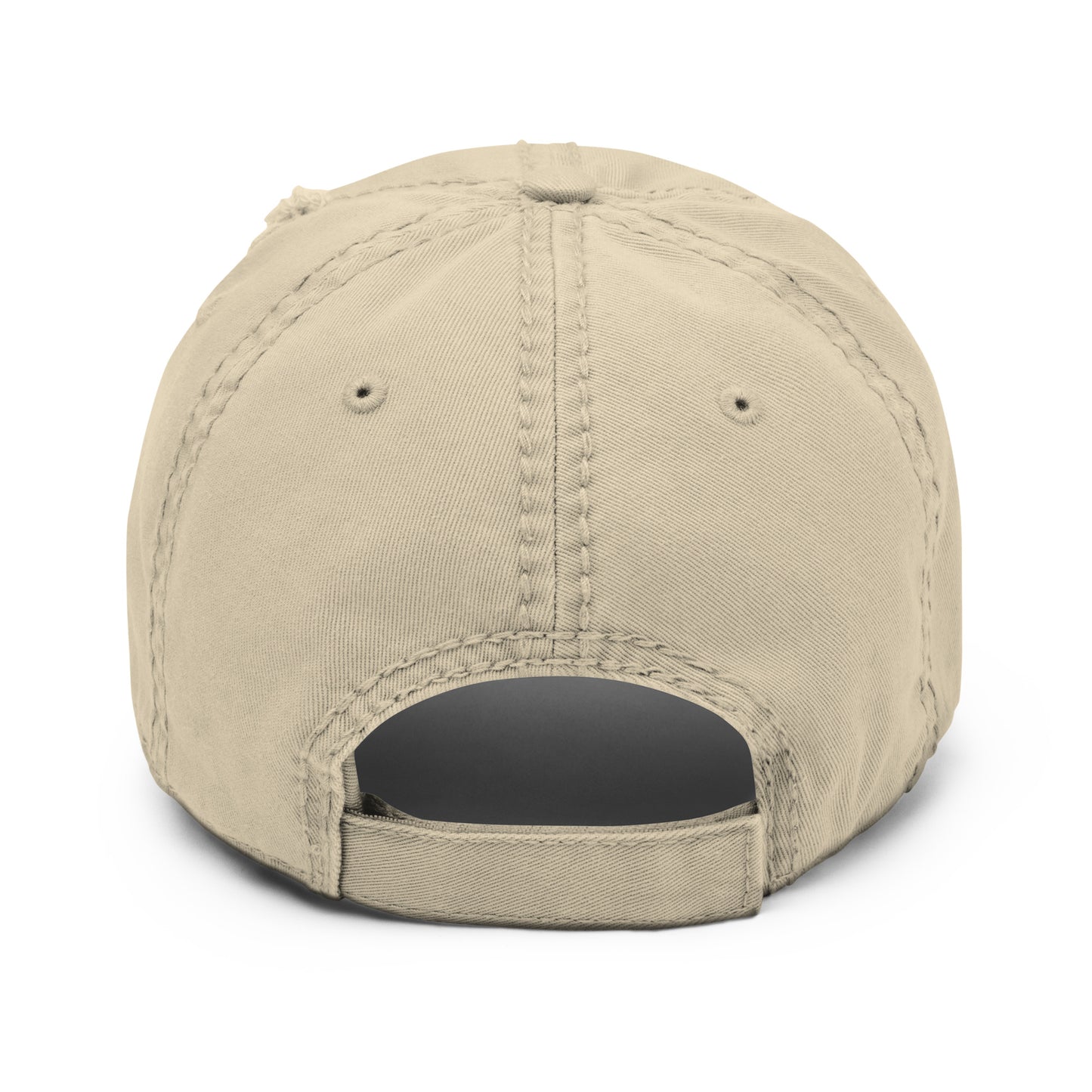 Distressed dad hat with a relaxed crown and frayed edges in soft cotton twill.