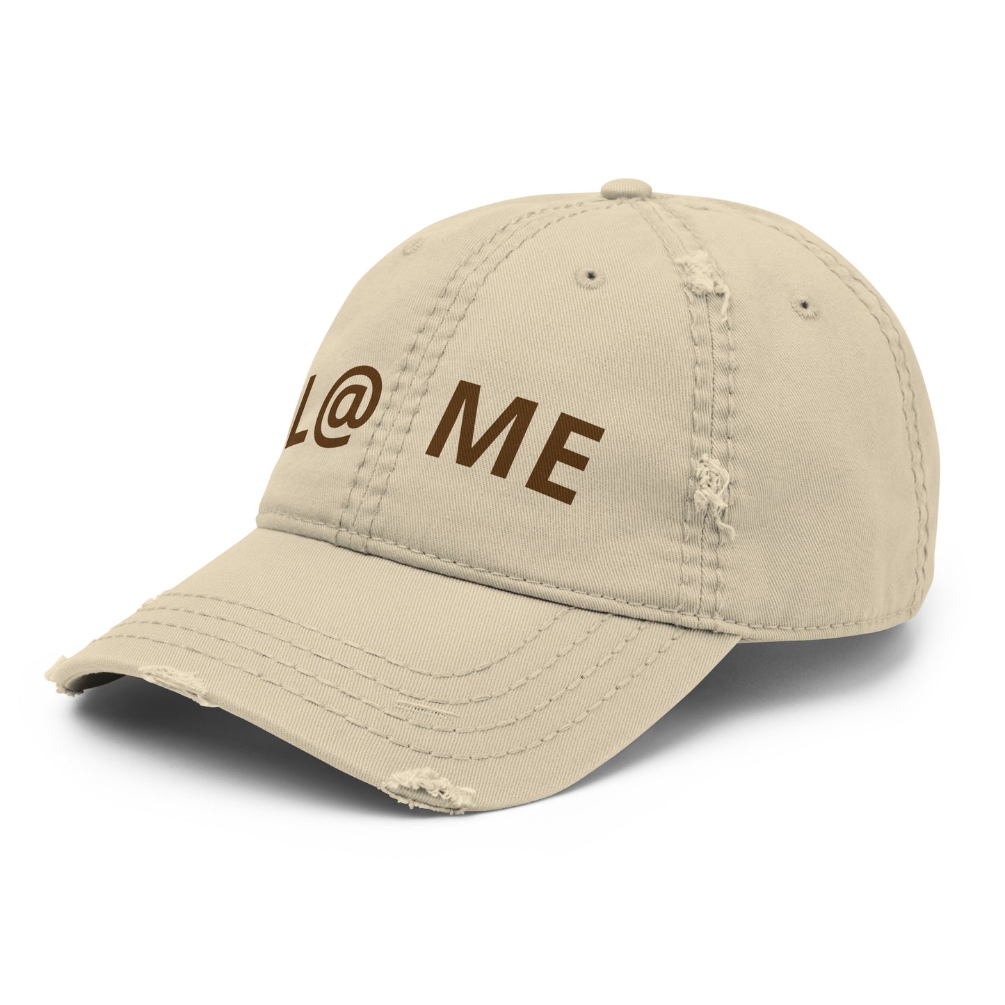 Distressed dad hat with a relaxed crown and frayed edges in soft cotton twill.