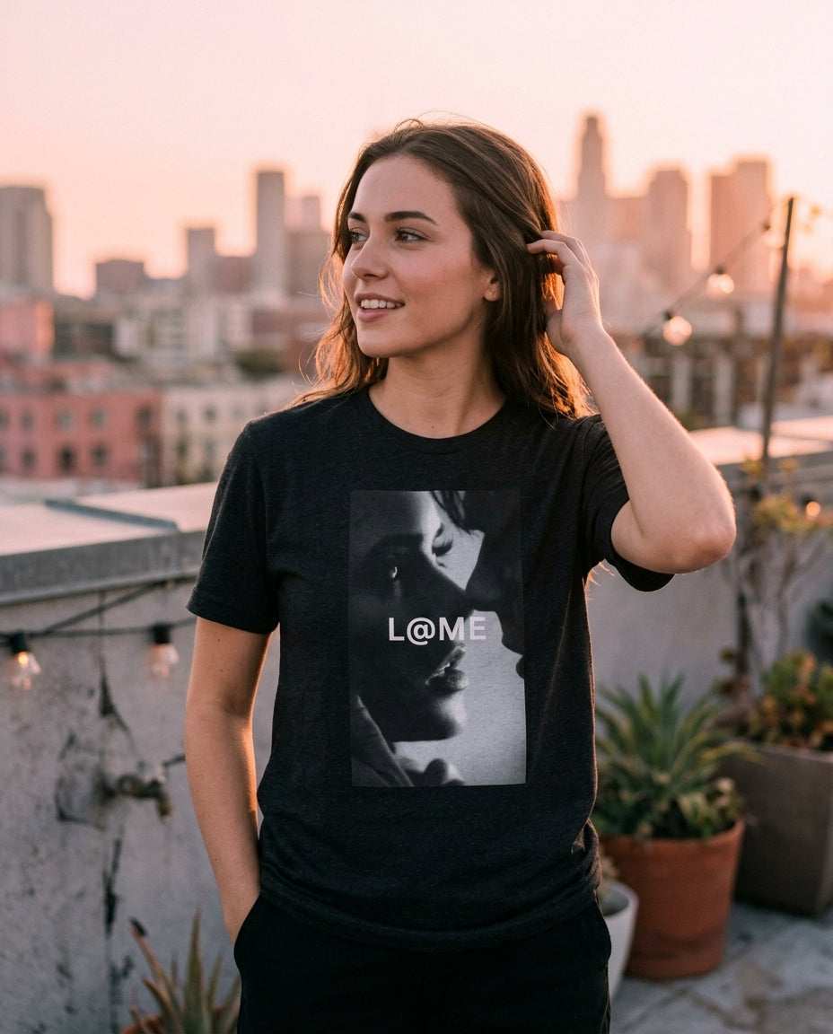 L@ME Romance Kiss Silhouette graphic tee lifestyle shot, female model