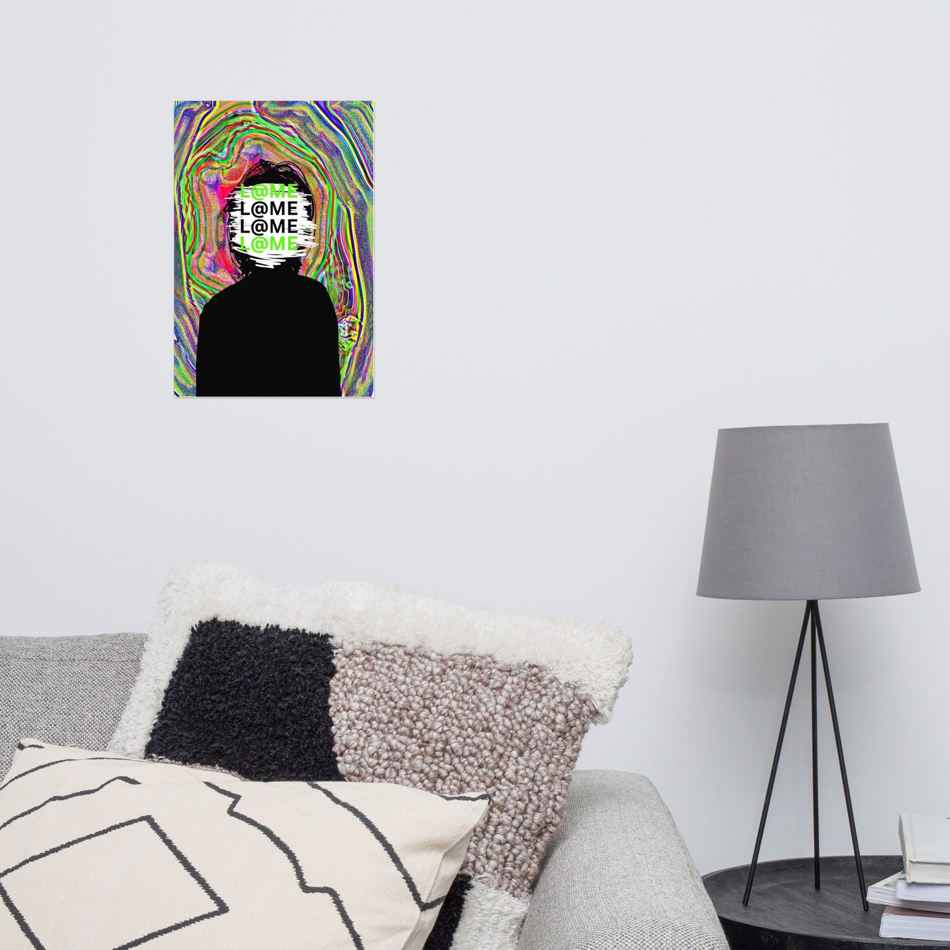 Matte art poster featuring a colorful background with a black silhouette and L@ME text.