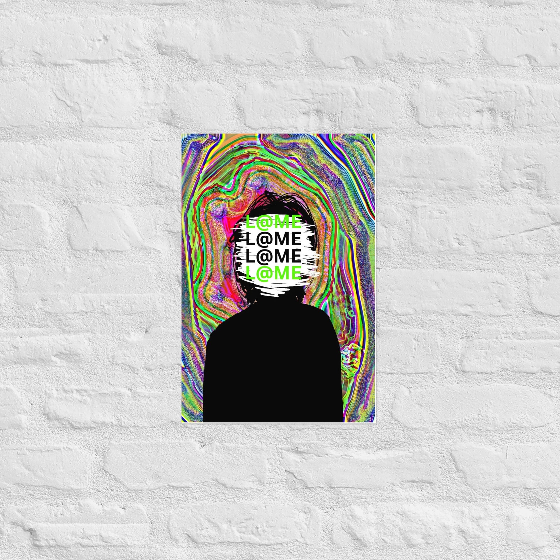 L@ME Neon Silhouette matte poster with black silhouette and vibrant trippy background, 12x18 inches.