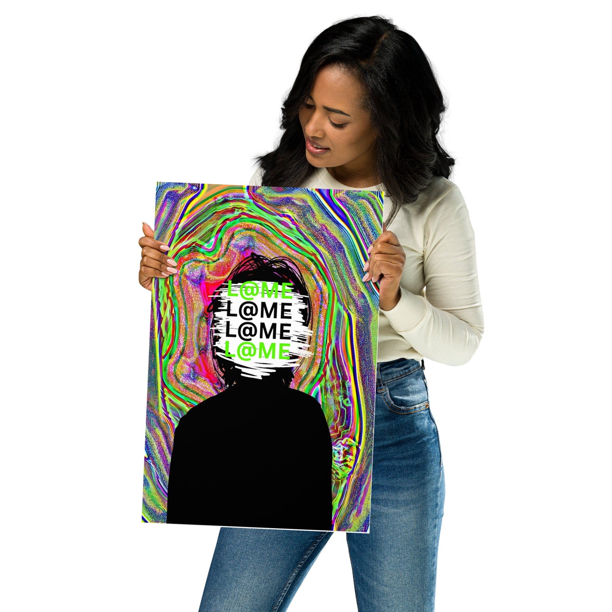 Matte art poster with black silhouette and neon colorful trippy background, 12 by 18 inches.